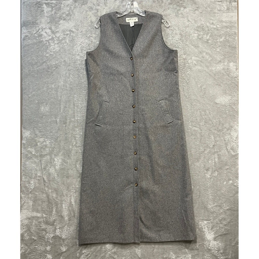 Orvis Sleeveless Dress Womens 10 Grey 100% Wool Long Button Front Maxi